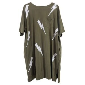L Love Olive Green Lightning Bolt Pocket Tunic Dress M Oversized Baggy Cozy Core